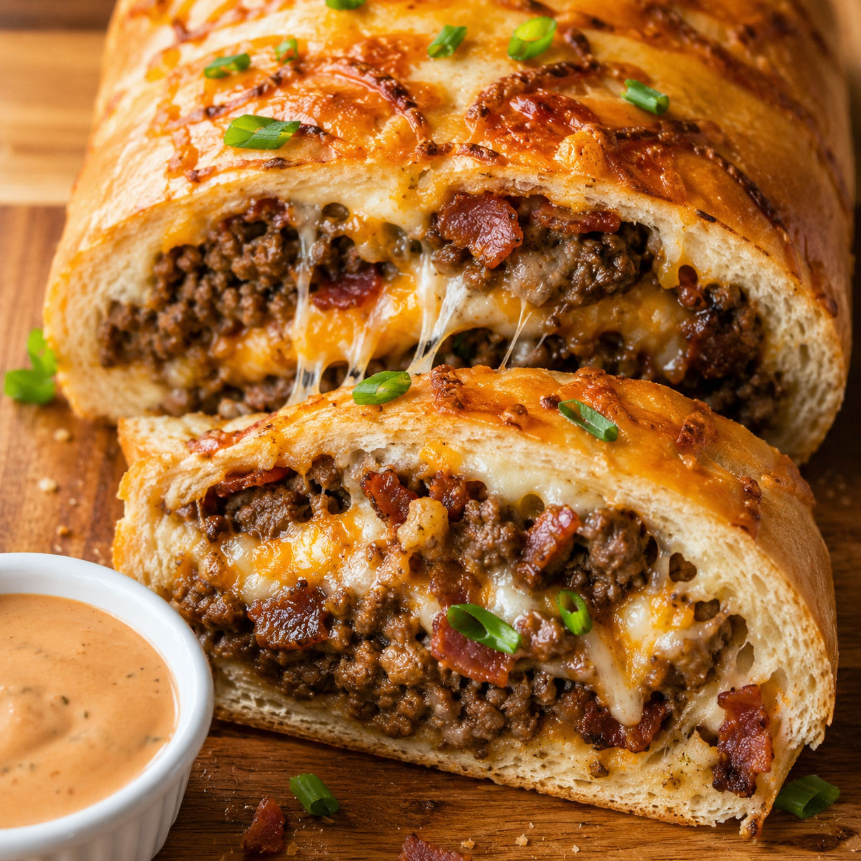 Sliced garbage bread with beef, bacon, cheddar, and burger sauce