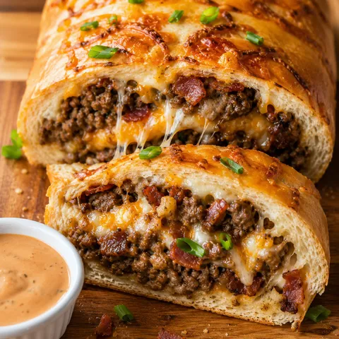 Sliced garbage bread with beef, bacon, cheddar, and burger sauce