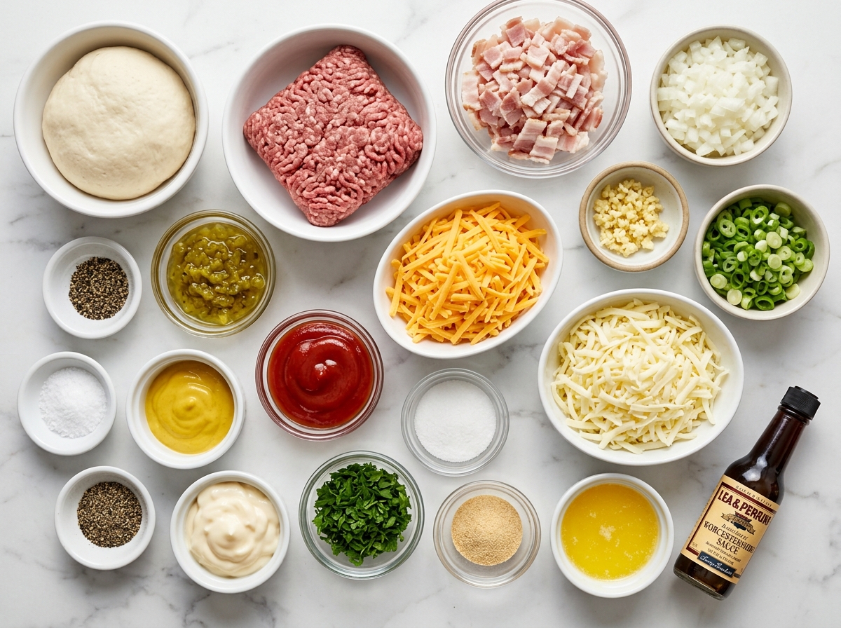 Ingredients for garbage bread with beef, bacon, cheese, and pizza dough
