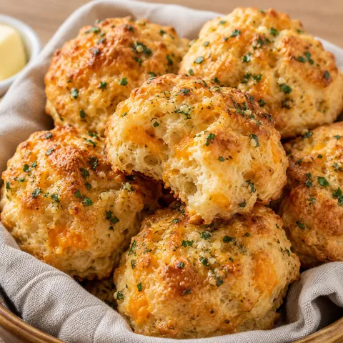 Garlic cheddar biscuits with parsley butter in a linen-lined basket