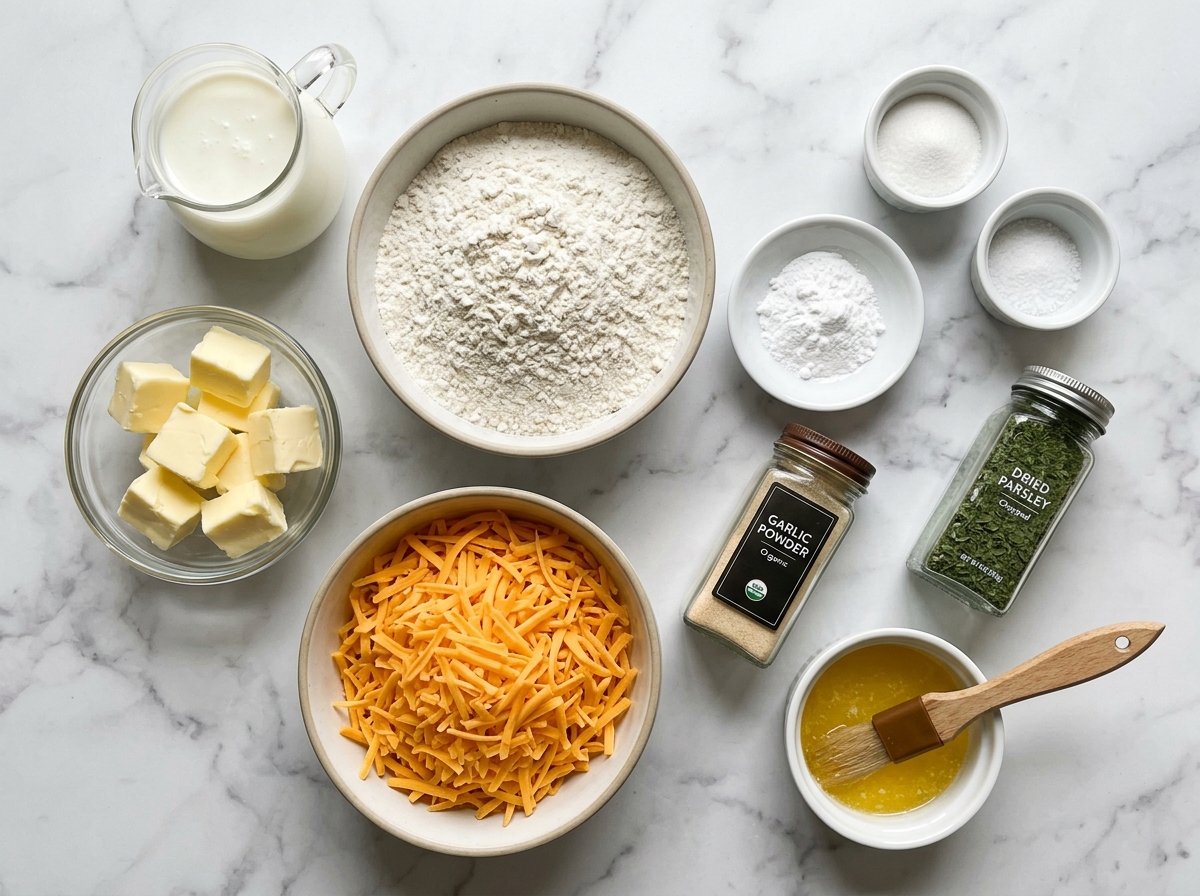 Ingredients for garlic cheddar biscuits with flour, cheddar, butter, and buttermilk