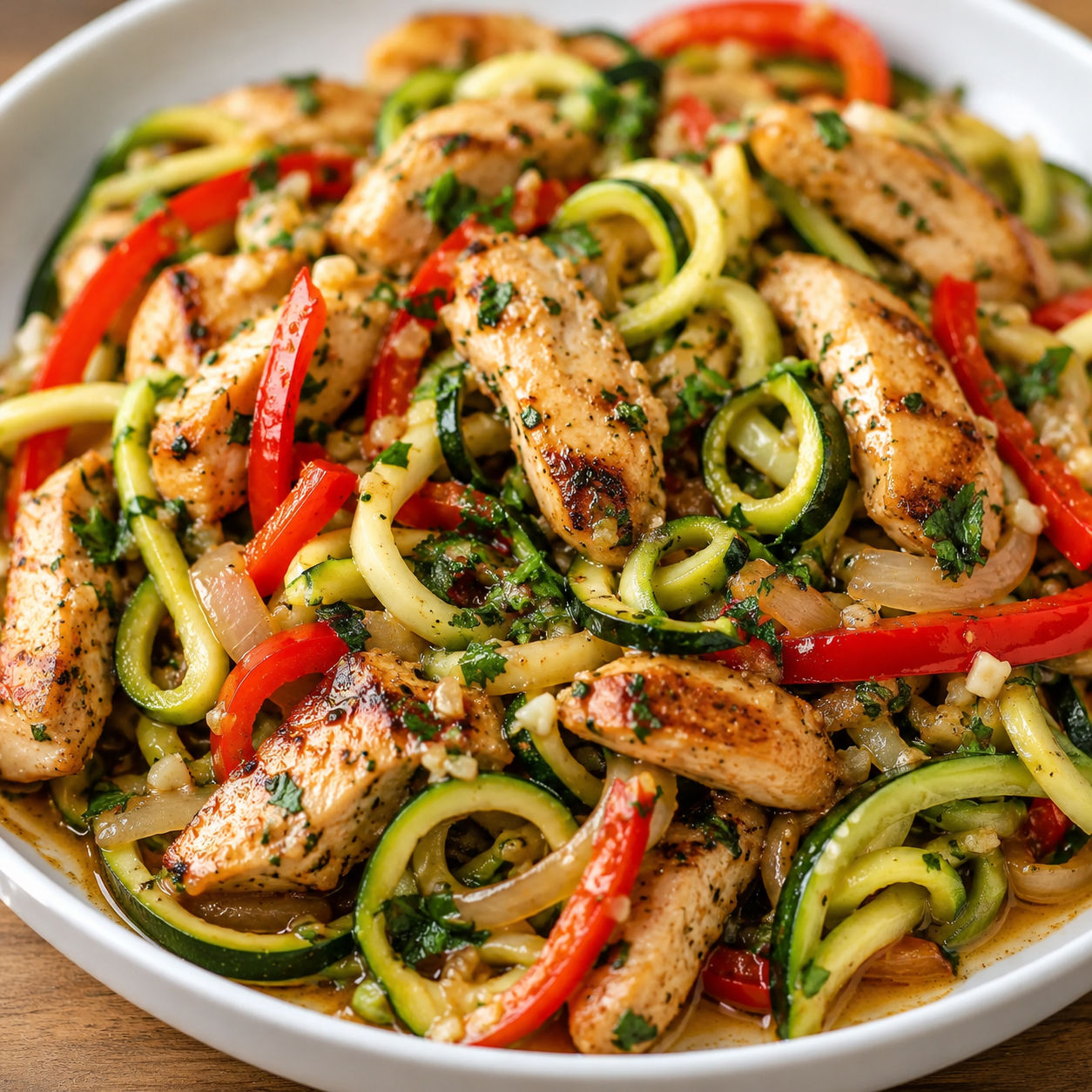 Garlic chicken zucchini noodles with red bell pepper and parsley