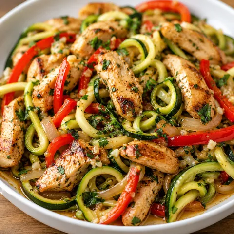 Garlic chicken zucchini noodles with red bell pepper and parsley