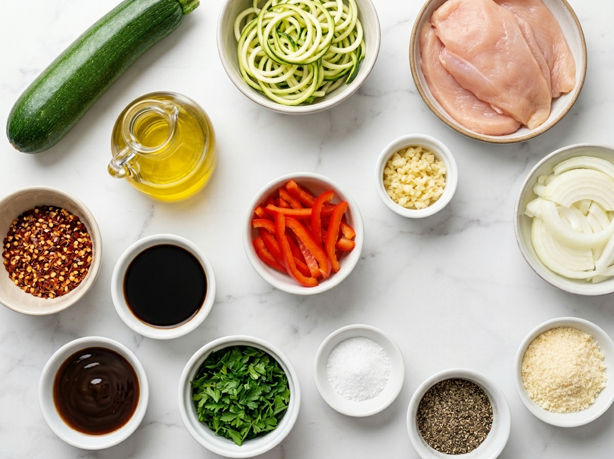 Ingredients for garlic chicken zucchini noodles on a wooden surface