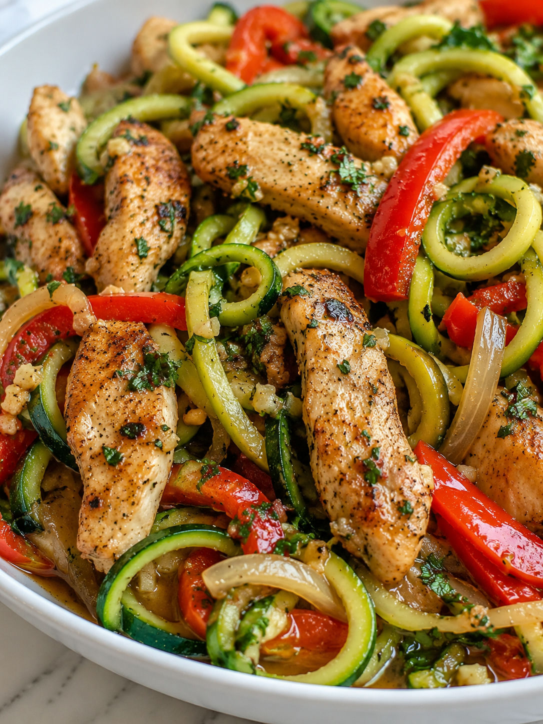 Delicious Garlic Chicken Zucchini Noodles Stir-Fry, plated and served
