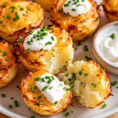 Garlic chive mashed potato puffins with sour cream and fresh chives