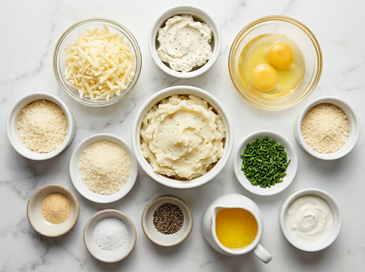 Ingredients for garlic chive mashed potato puffins on a wooden surface