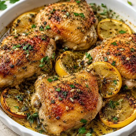 Greek lemon chicken thighs with herbs, lemon slices, and parsley
