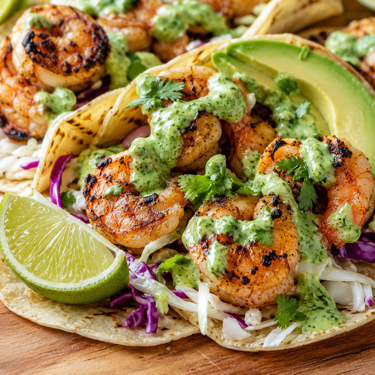 Grilled shrimp tacos with cilantro crema and cabbage in corn tortillas