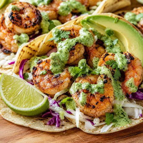 Grilled shrimp tacos with cilantro crema and cabbage in corn tortillas