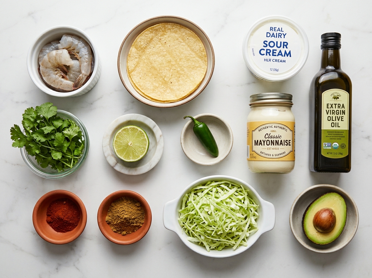 Raw ingredients for grilled shrimp tacos on a wooden surface