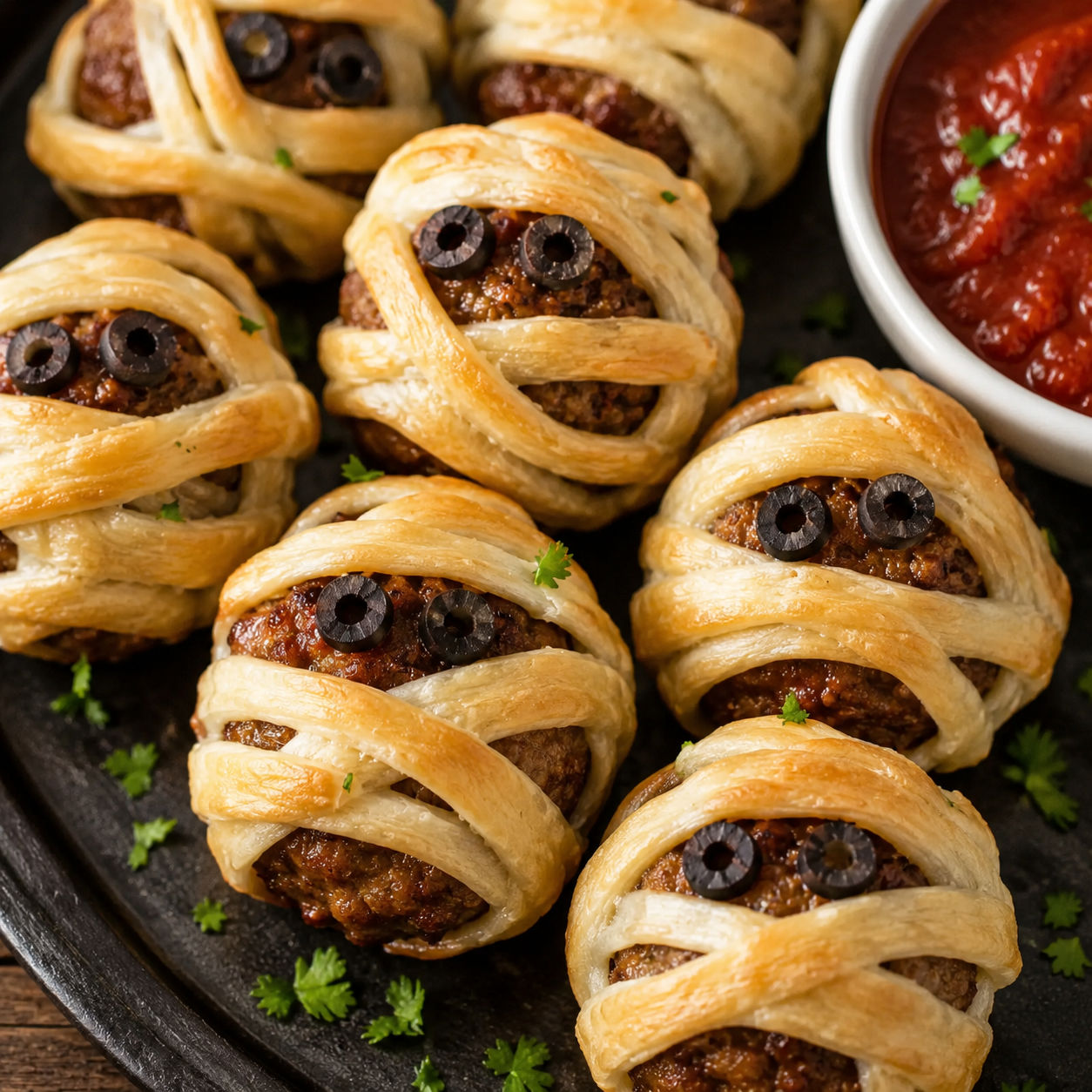 Halloween mummy meatballs with olive eyes and marinara sauce