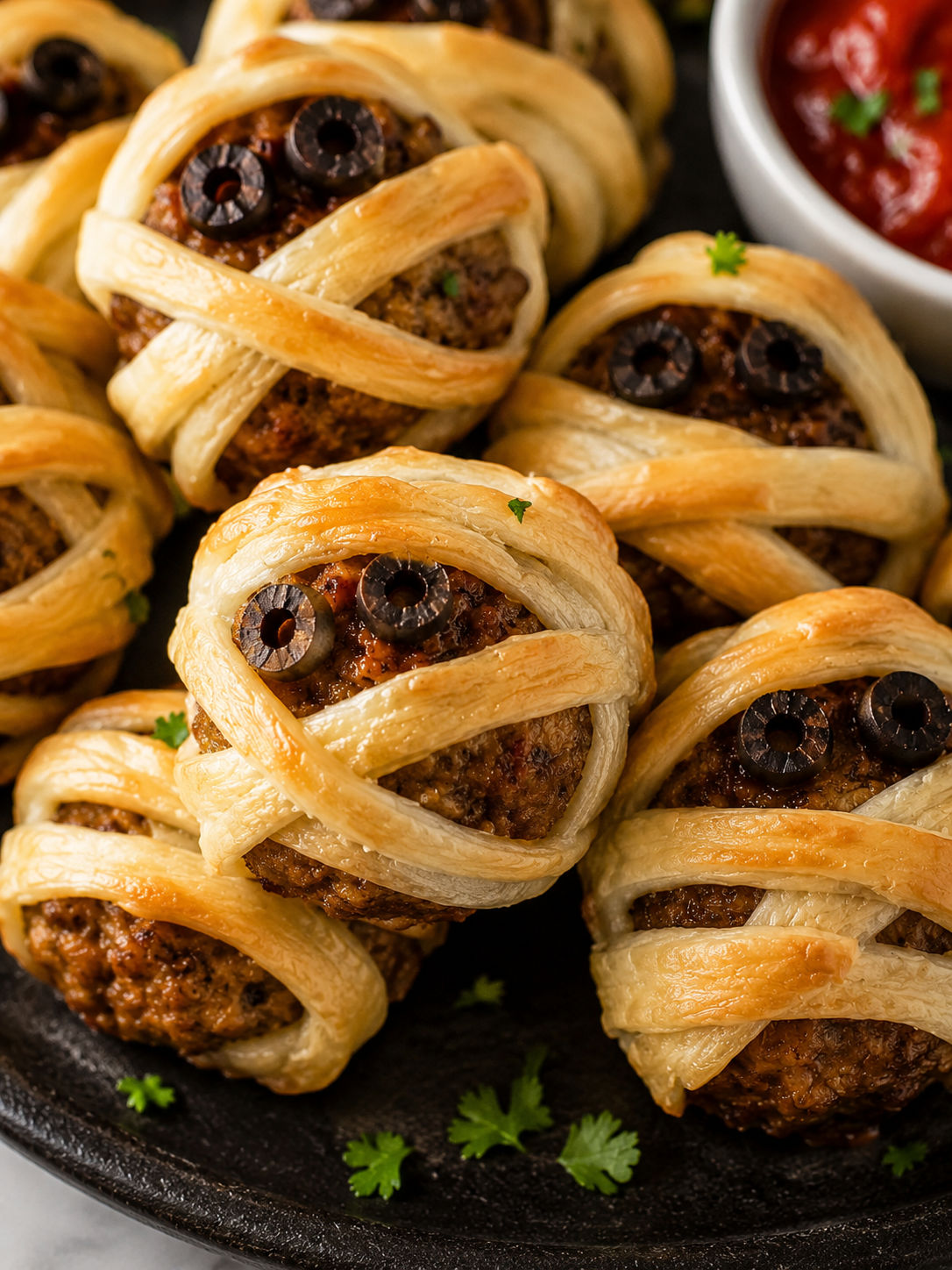 Delicious Halloween Mummy Meatballs, plated and served