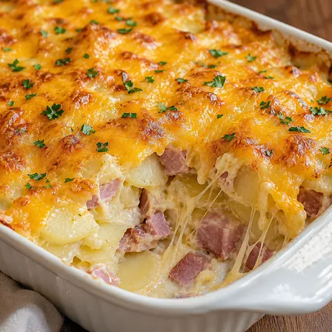 Baked ham and potato casserole with golden cheddar crust in a white dish