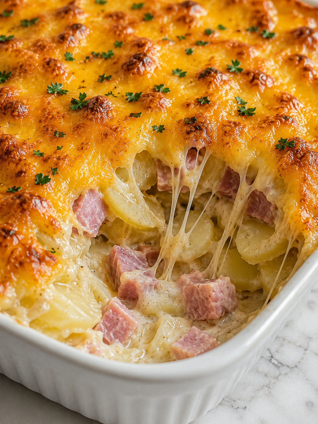 Delicious Ham and Potato Casserole, plated and served