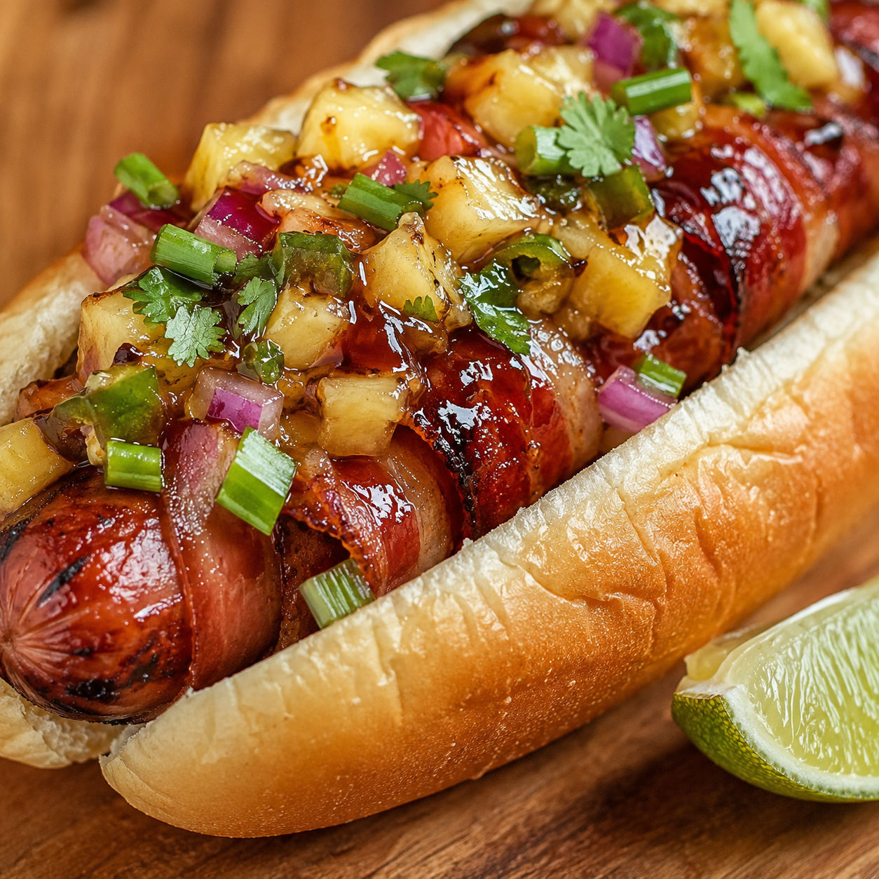 Hawaiian hot dog with pineapple relish, bacon, and teriyaki sauce