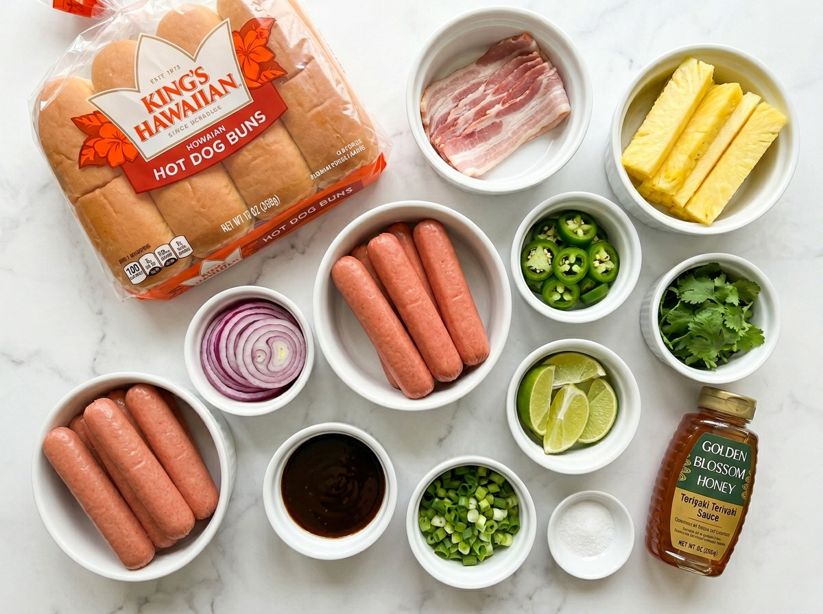 Ingredients for Hawaiian hot dogs with pineapple, bacon, buns, and herbs
