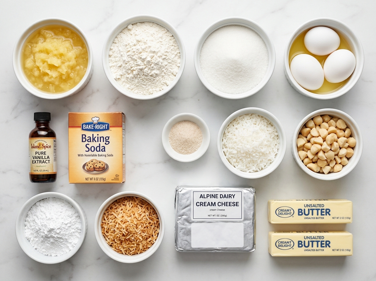 Ingredients for Hawaiian pineapple cake with coconut, nuts, and cream cheese