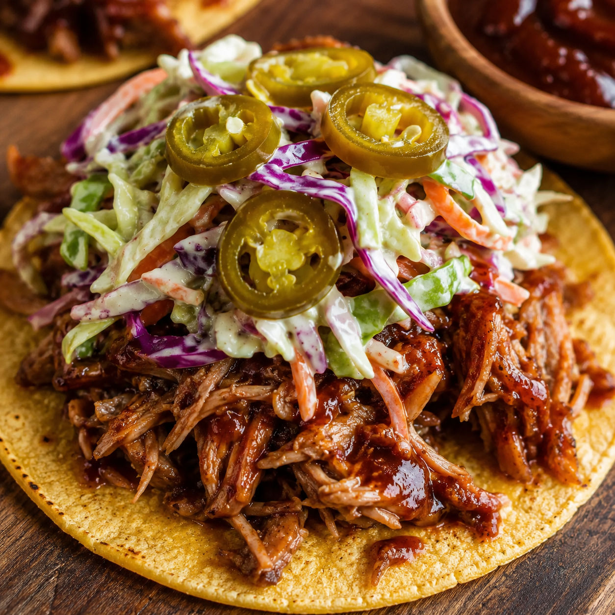 Hillbilly taco with pulled pork, creamy coleslaw, and pickled jalapeños on a rustic board