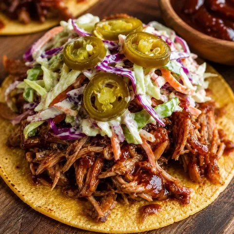 Hillbilly taco with pulled pork, creamy coleslaw, and pickled jalapeños on a rustic board
