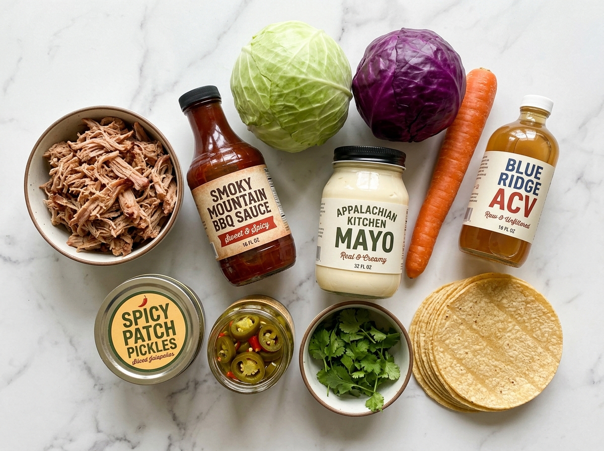 Raw ingredients for hillbilly tacos including pulled pork, cabbage, barbecue sauce, and corn tortillas