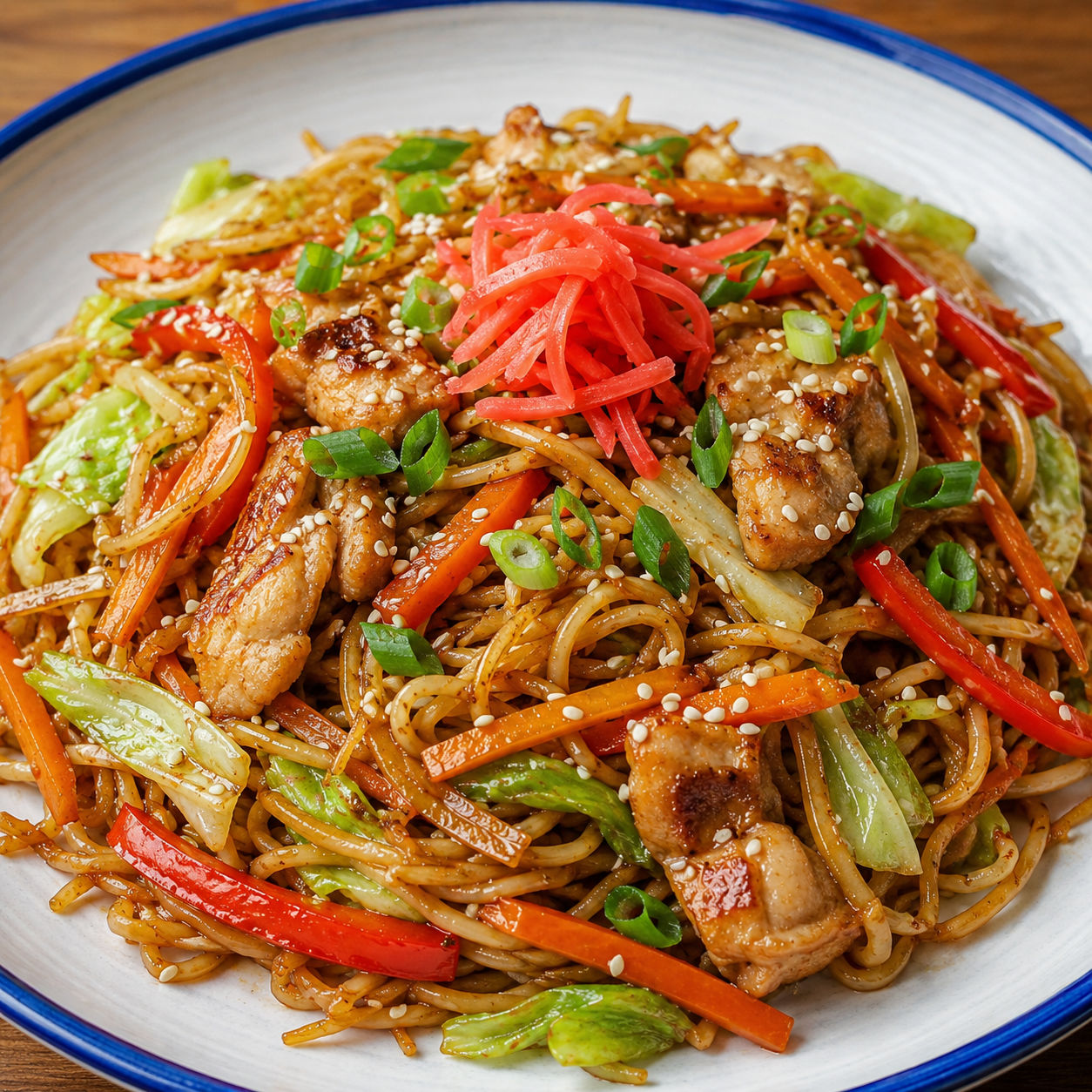 Chicken yakisoba with cabbage, carrots, peppers, scallions, and sesame seeds