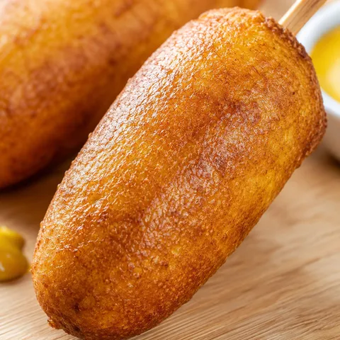 Golden homemade corn dog on a stick with crispy cornmeal batter