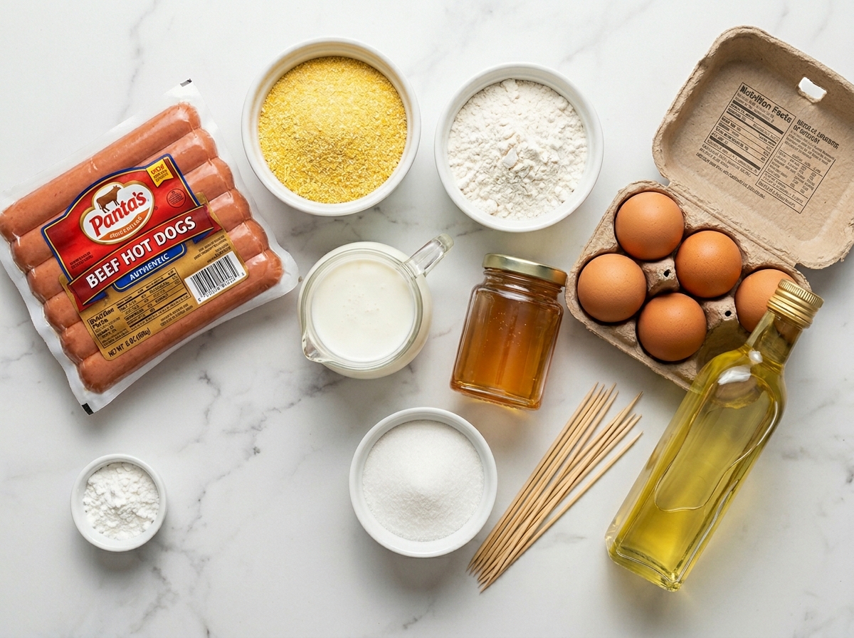 Raw ingredients for homemade corn dogs on a wooden counter