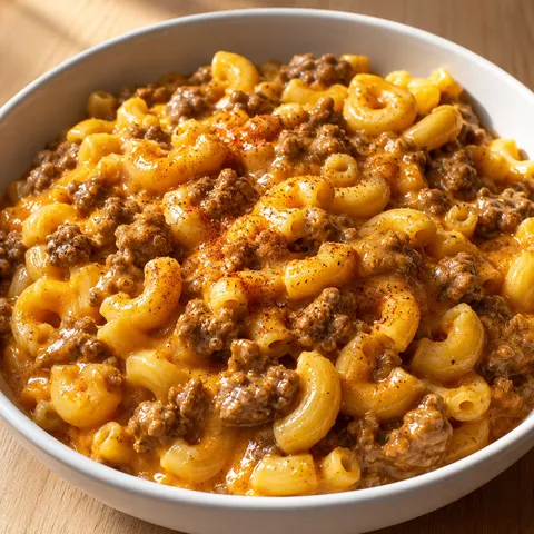 Creamy homemade hamburger helper with cheddar and elbow macaroni in a bowl