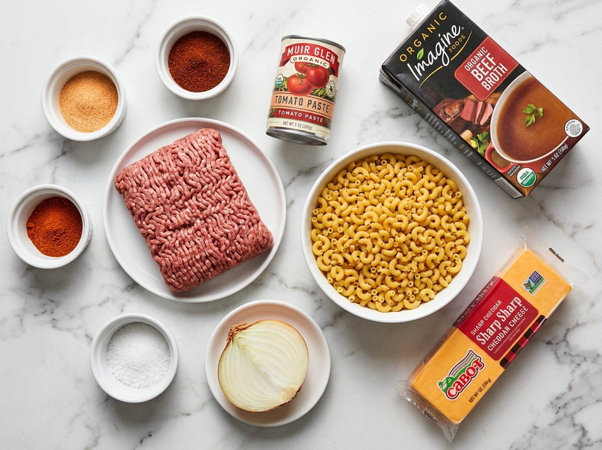 Raw ingredients for homemade hamburger helper on a wooden counter