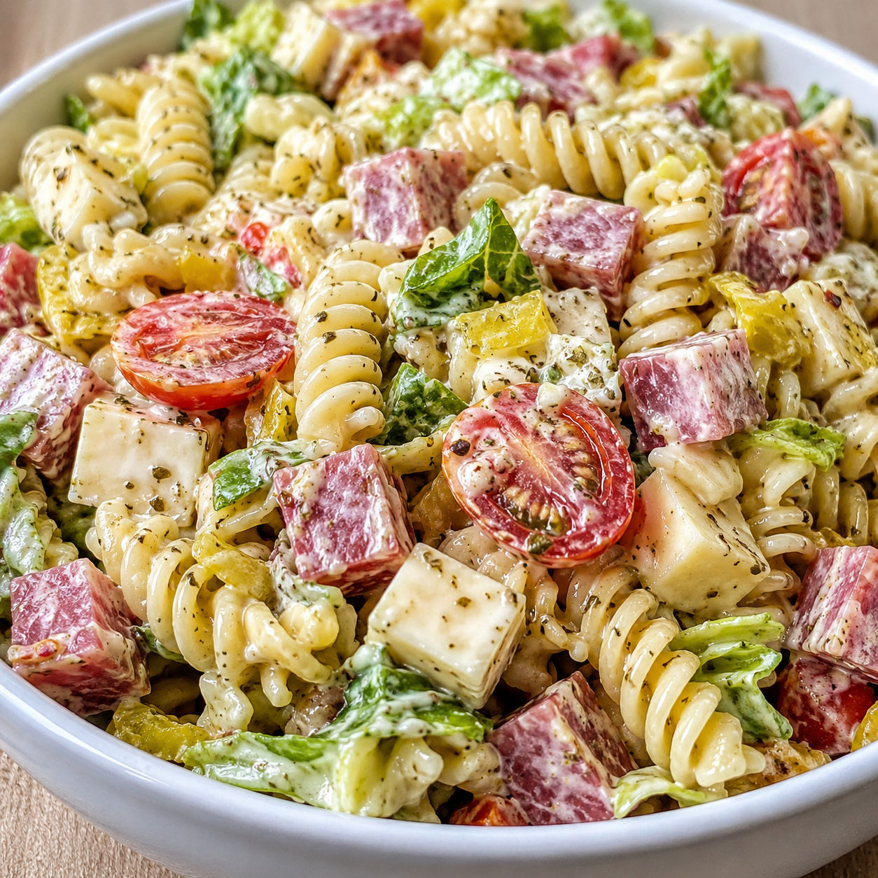 Italian grinder pasta salad with salami, provolone, and banana peppers in a white bowl