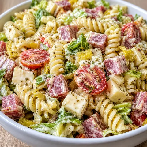 Italian grinder pasta salad with salami, provolone, and banana peppers in a white bowl