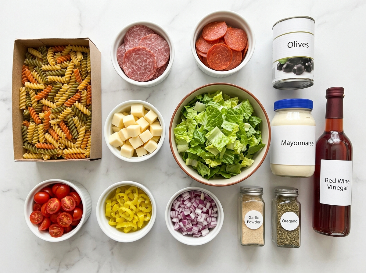 Raw ingredients for Italian grinder pasta salad on a wooden board