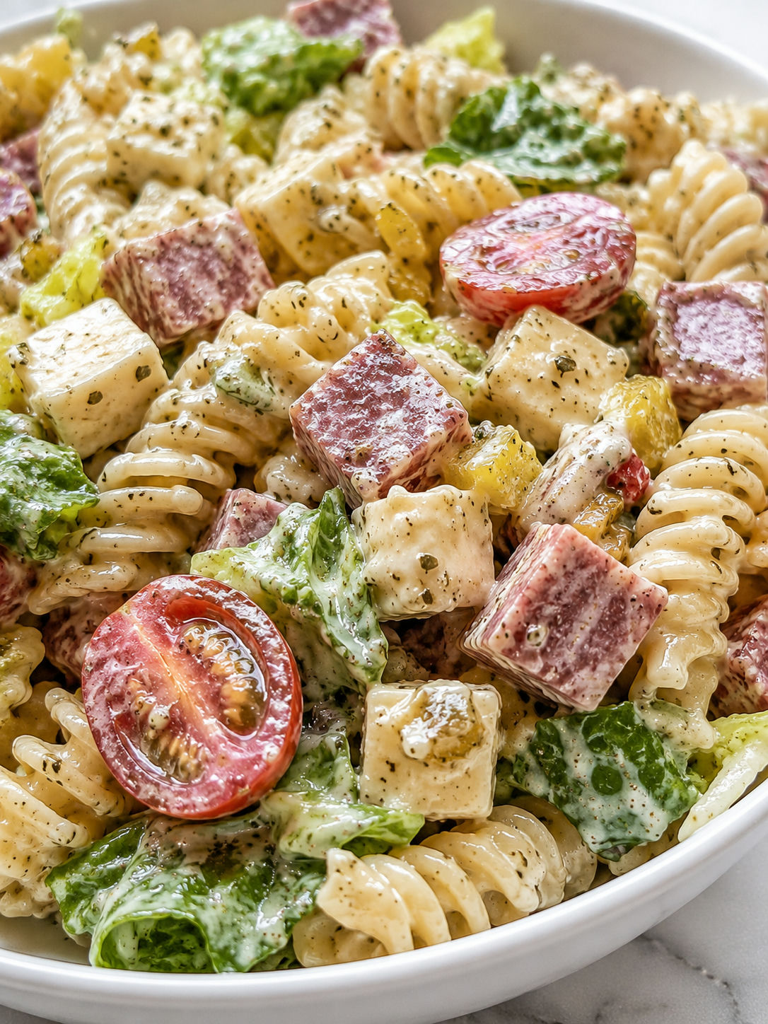 Delicious Italian Grinder Pasta Salad, plated and served