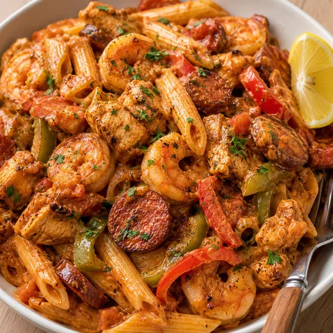 Jambalaya pasta with shrimp, chicken, sausage, peppers, and parsley