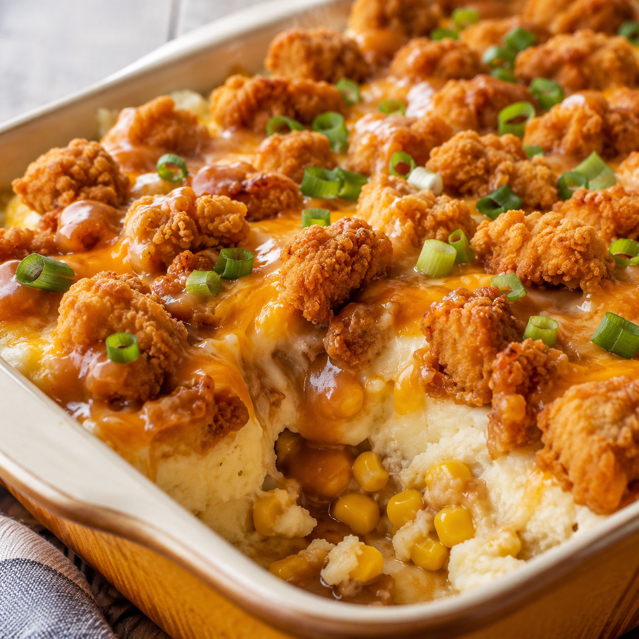 KFC bowl casserole with crispy chicken, corn, cheddar, and gravy