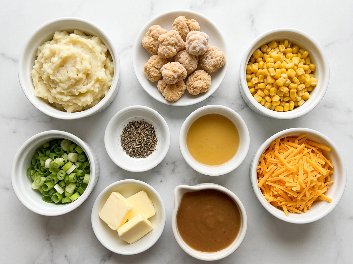 Ingredients for KFC bowl casserole with potatoes, chicken, corn, cheese, and gravy