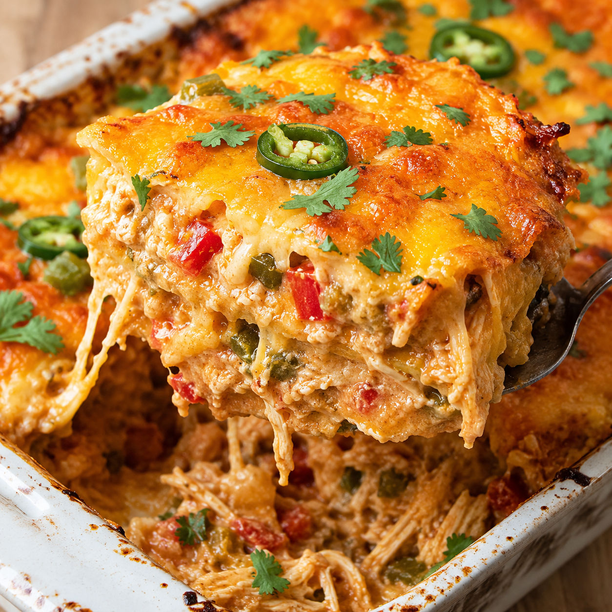 King Ranch chicken casserole with melted cheddar and cilantro