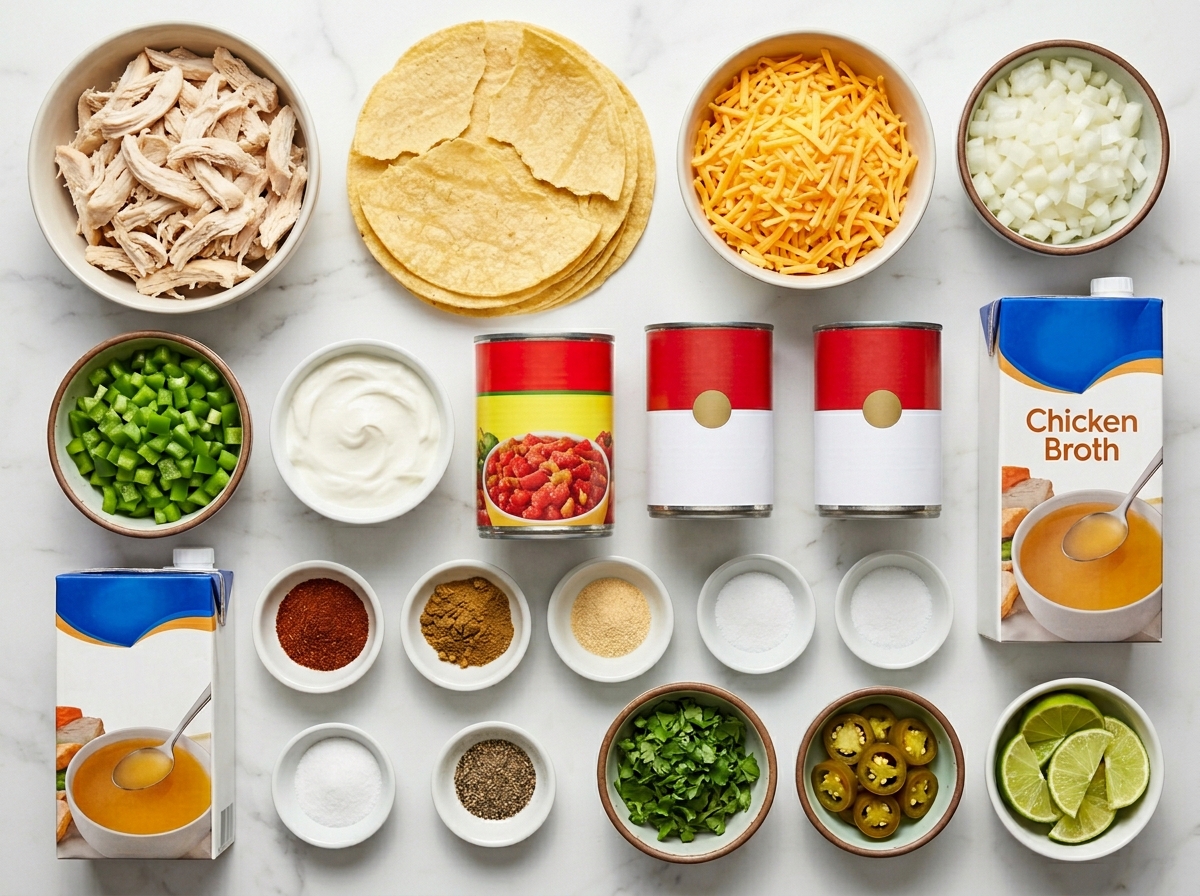Ingredients for King Ranch chicken casserole on a wooden surface