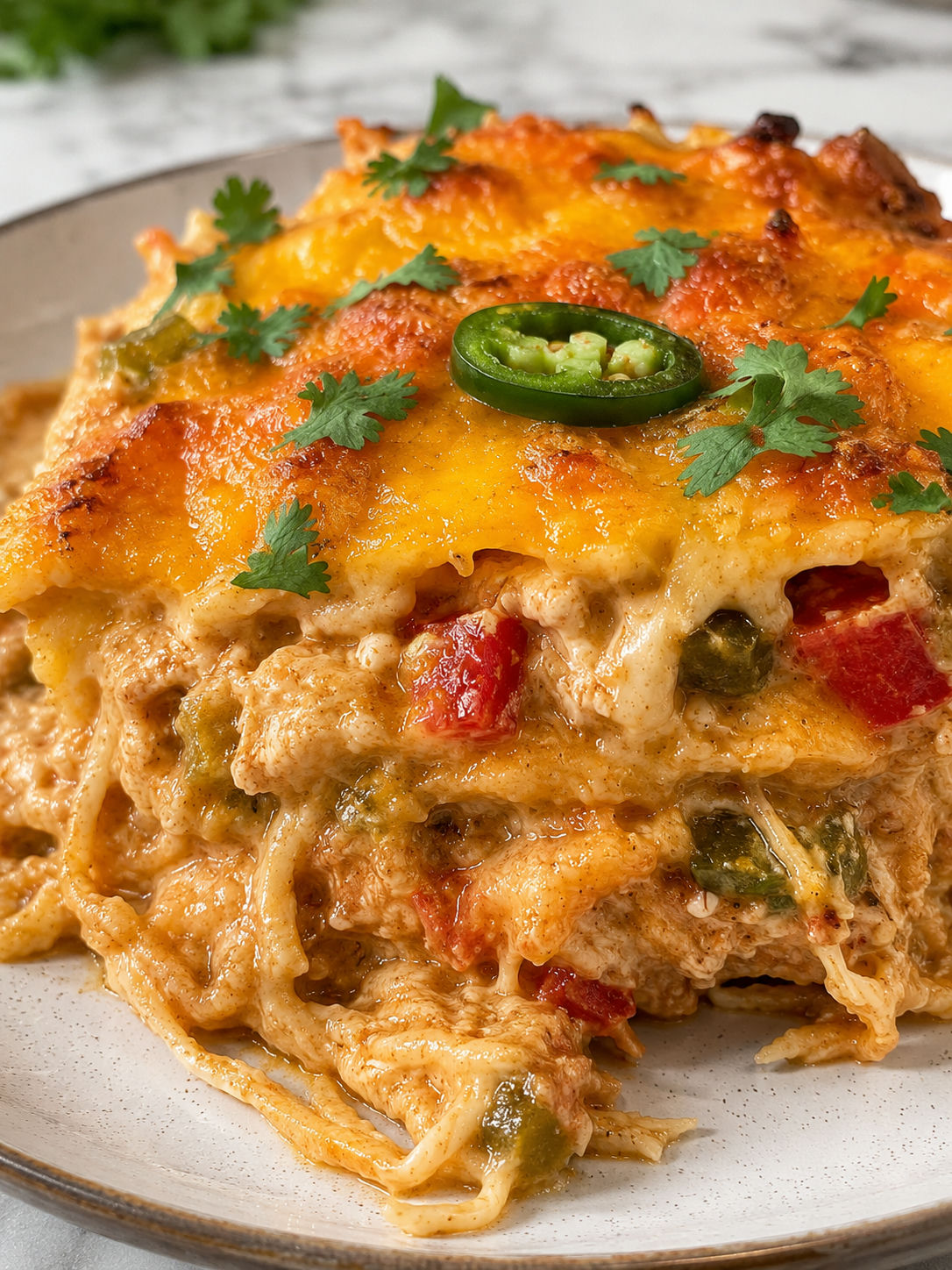 Delicious King Ranch Chicken Casserole, plated and served
