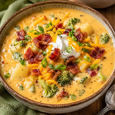 Loaded broccoli potato soup with cheddar, bacon, sour cream, and green onions