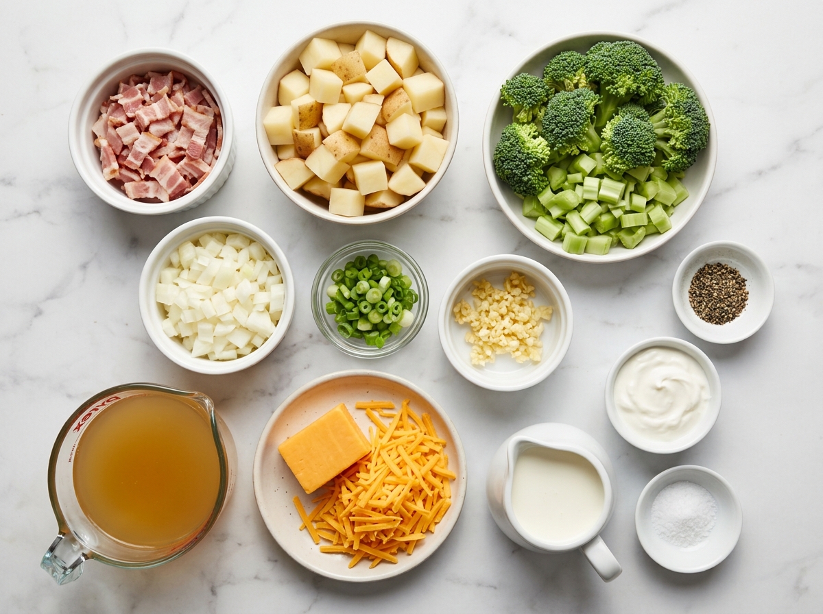 Ingredients for loaded broccoli potato soup with broccoli, potatoes, bacon, and cheddar