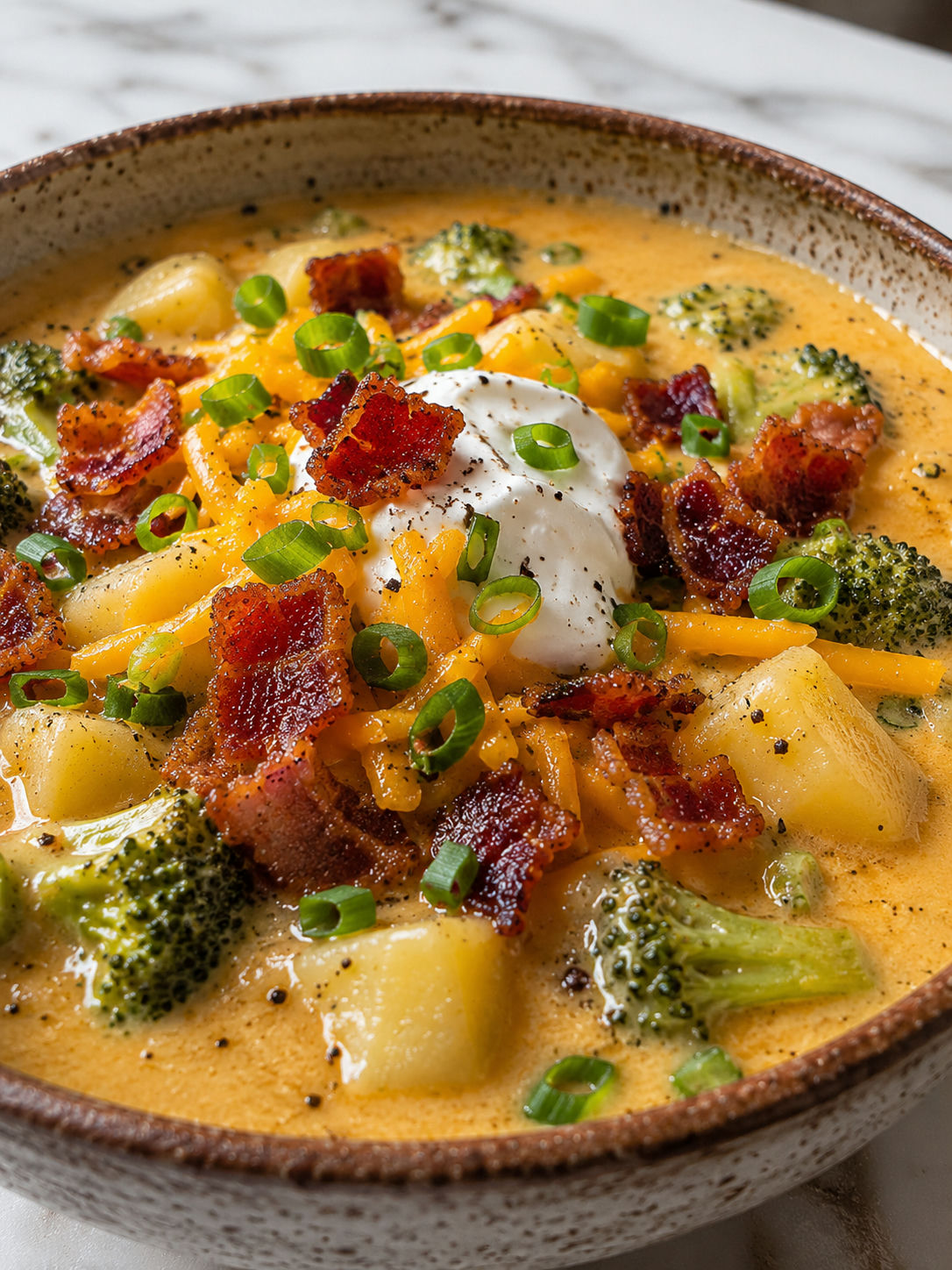 Delicious Loaded Broccoli Potato Soup, plated and served