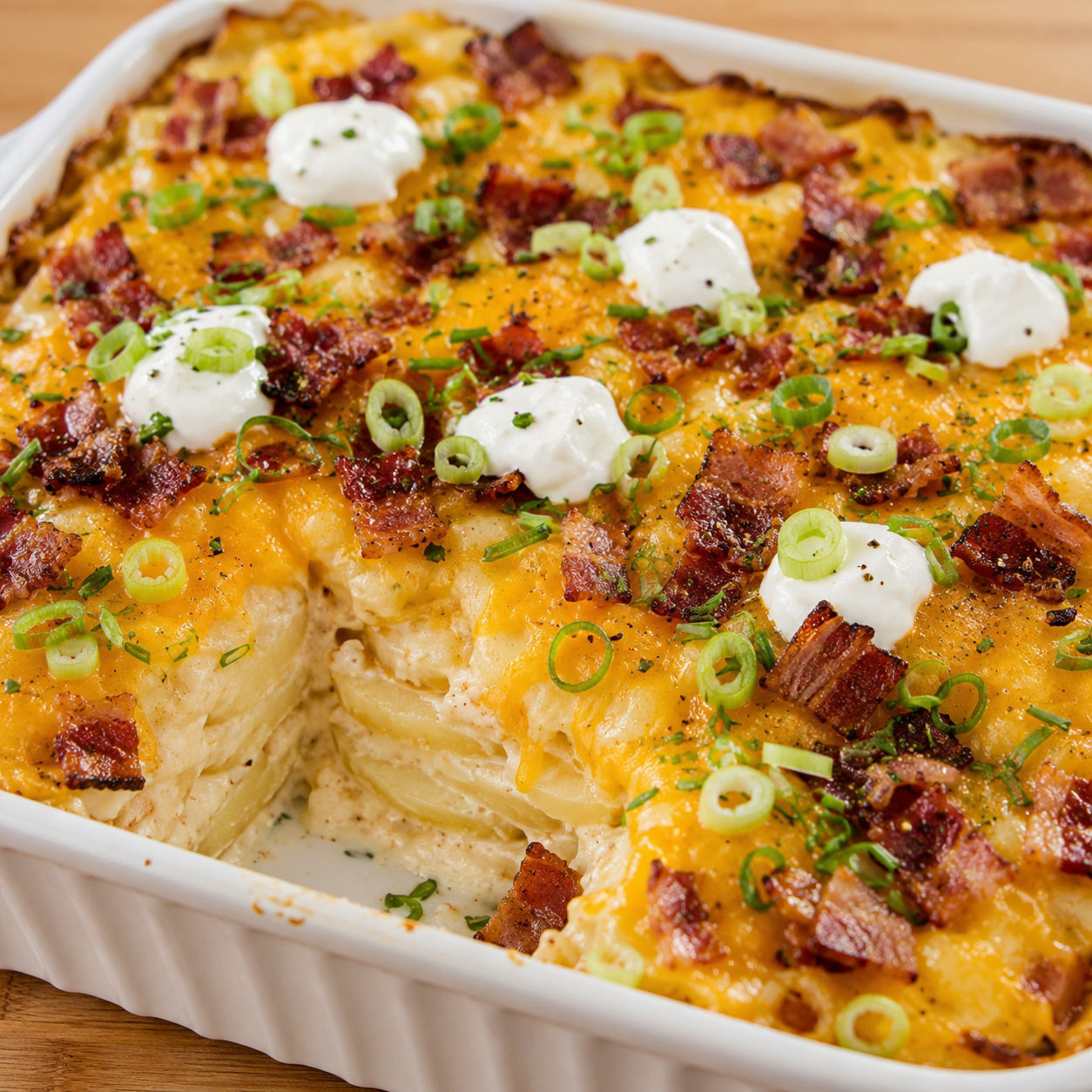 Loaded scalloped potatoes with bacon, cheddar, sour cream, and scallions