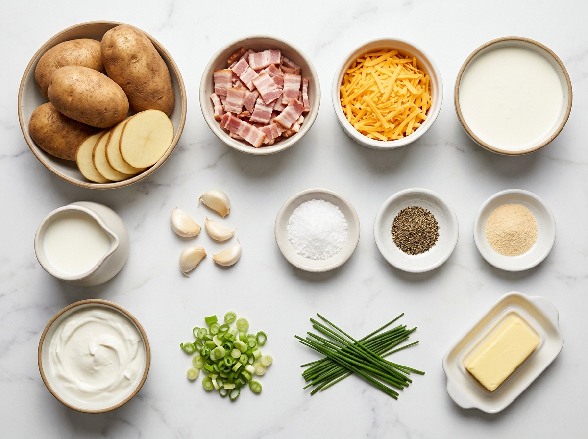 Ingredients for loaded scalloped potatoes with potatoes, bacon, cheddar, and cream