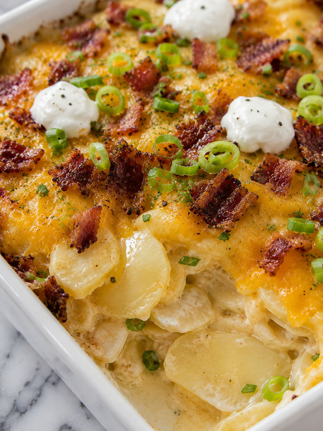 Delicious Loaded Scalloped Potatoes, plated and served