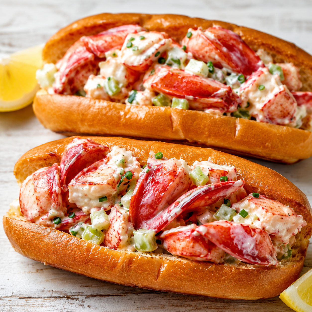 Lobster rolls with butter, mayo, chives, and lemon in toasted buns