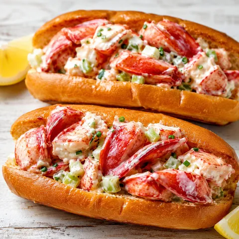 Lobster rolls with butter, mayo, chives, and lemon in toasted buns