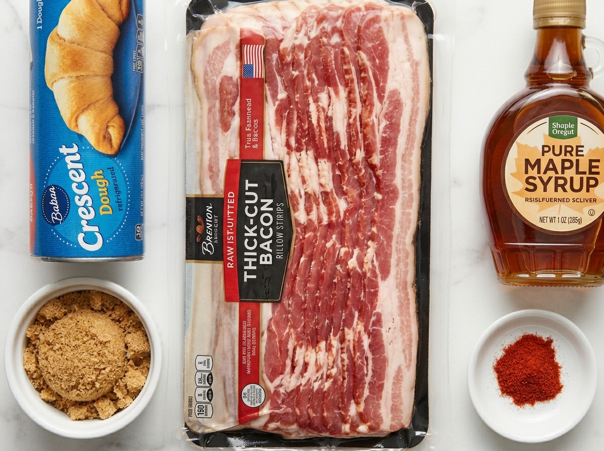 Raw ingredients for maple bacon crack on a wooden counter