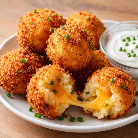Golden mashed potato cheese puffs with melted cheese and chives